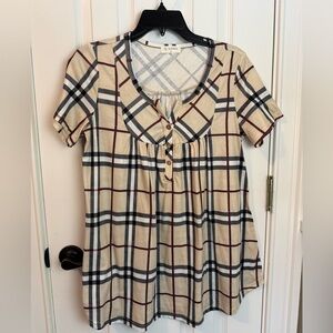 Plaid Short Sleeve Tunic Top in Beige, Black & Burgundy